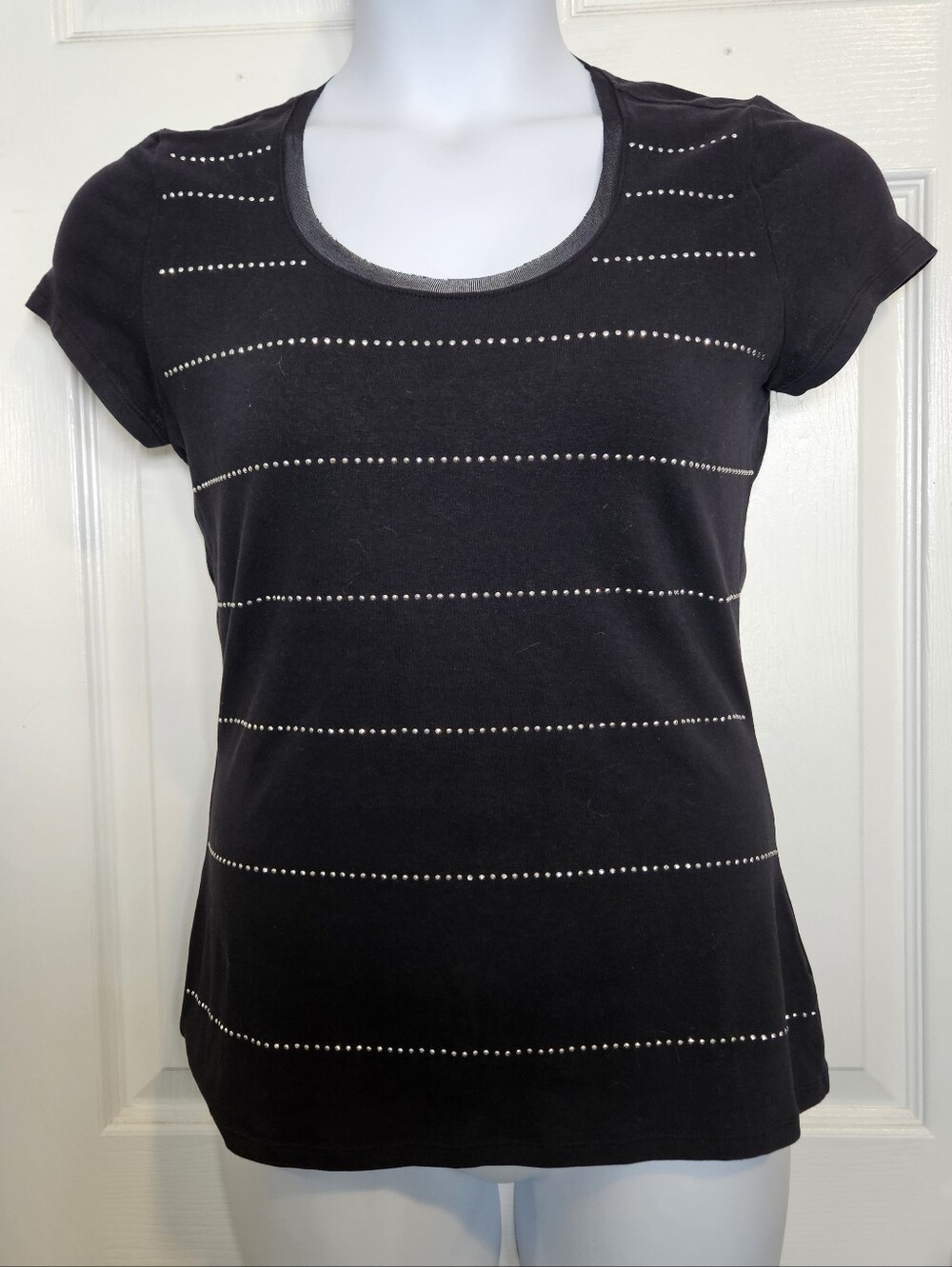 White House Black Market, Black Short-Sleeve Scoop Neck Top With Studed Stripes.